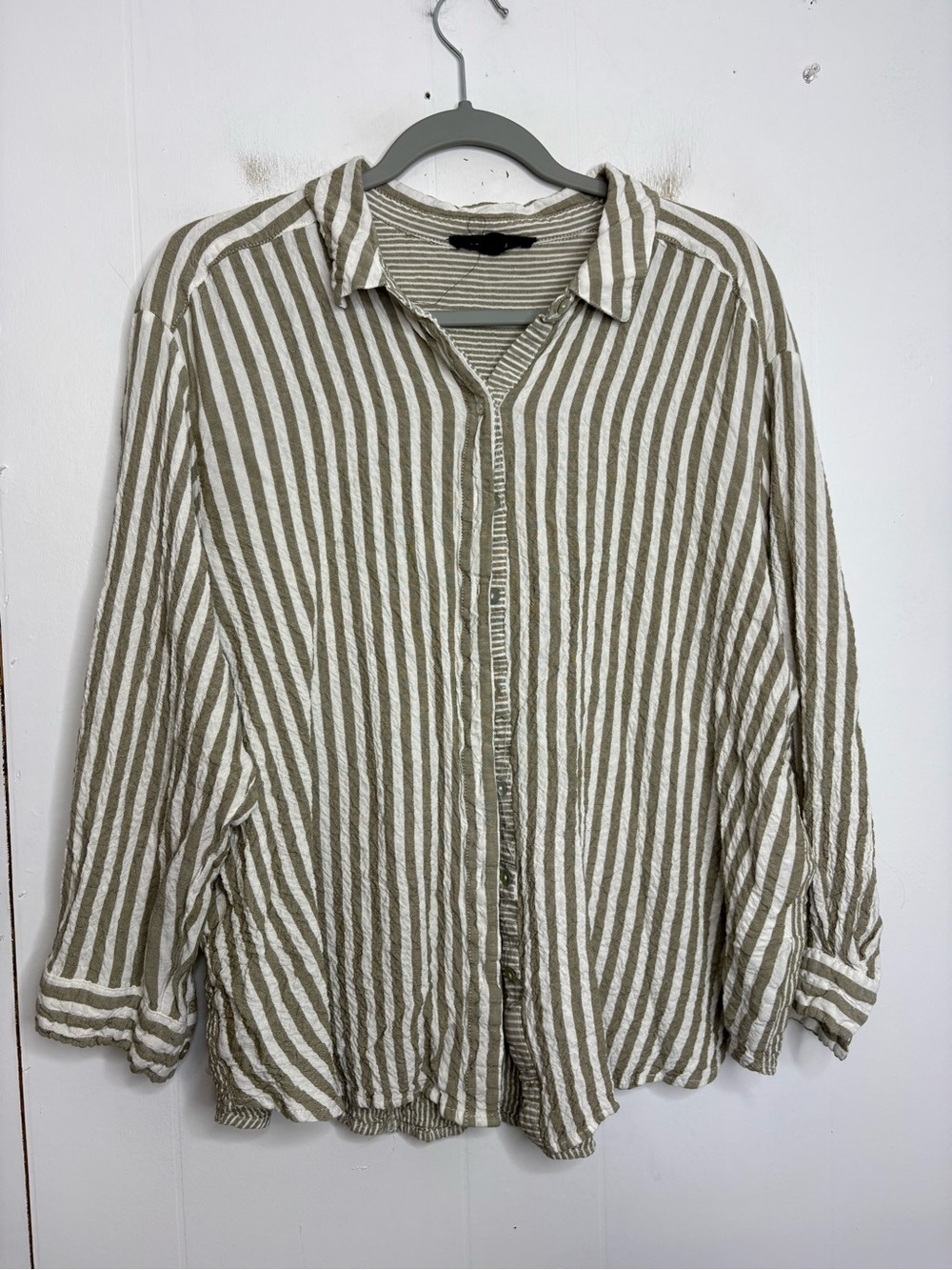 Jane And Delancey Top Womens 2X Striped Button Up Long Sleeve Textured Neutral